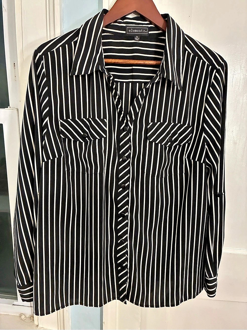 Elementz Striped Button Down Shirt in Black & White XL